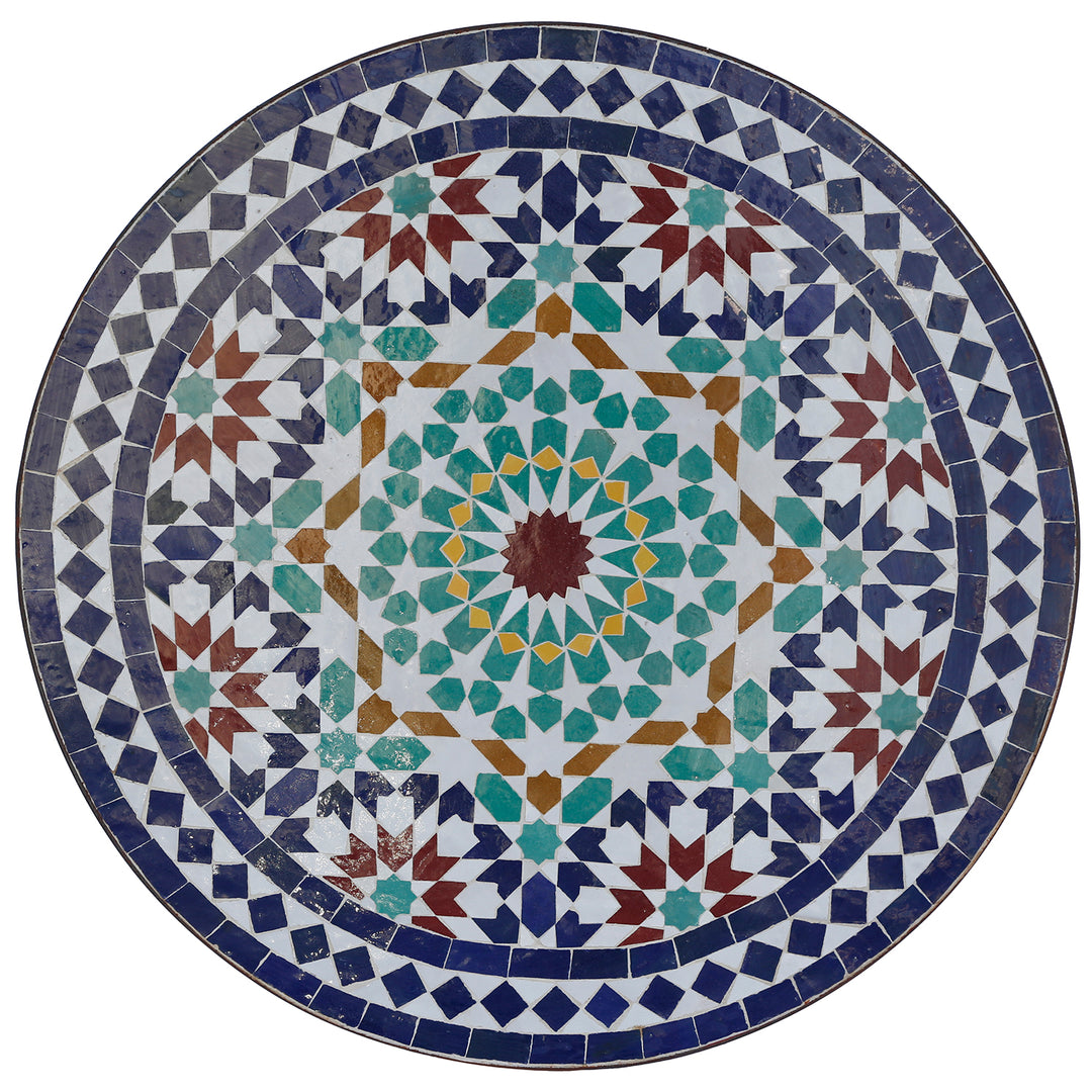 Uteplatsbord Ø60 cm med traditionell Zellige mosaik i blått, turkos, vitt, ockra och rött