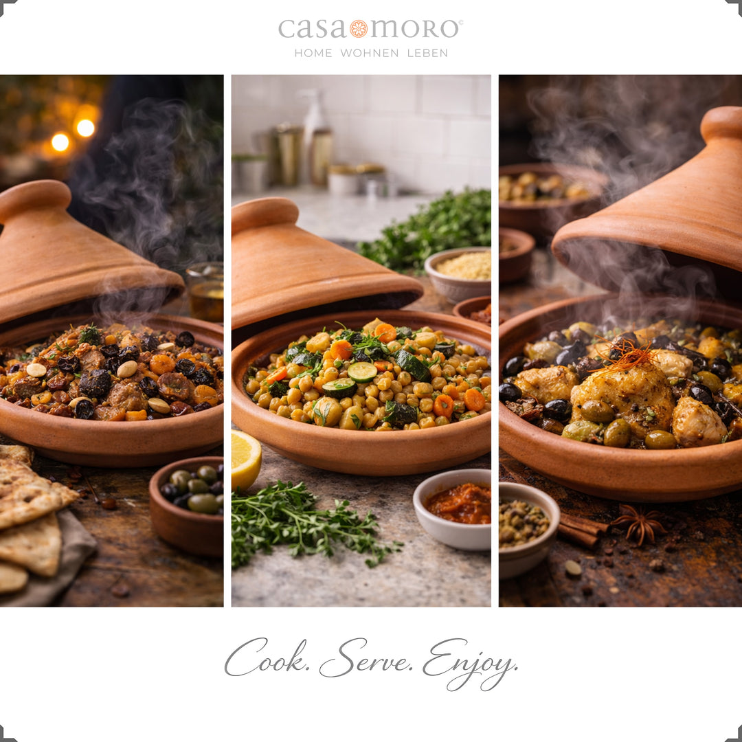 Tagine som en marockansk gryta gjord av lera, perfekt för lamm, fisk eller vegetariska recept