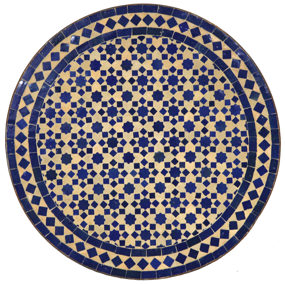Mosaikbord runt Ø 60 cm med blå zellige mosaik på terrakottabakgrund
