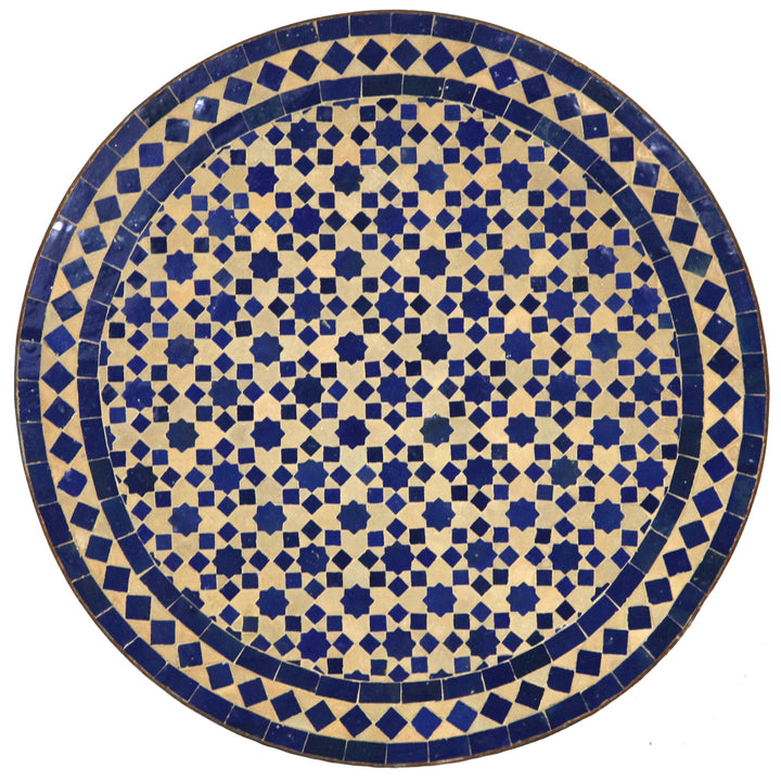 Mosaikbord runt Ø 60 cm med blå zellige mosaik på terrakottabakgrund