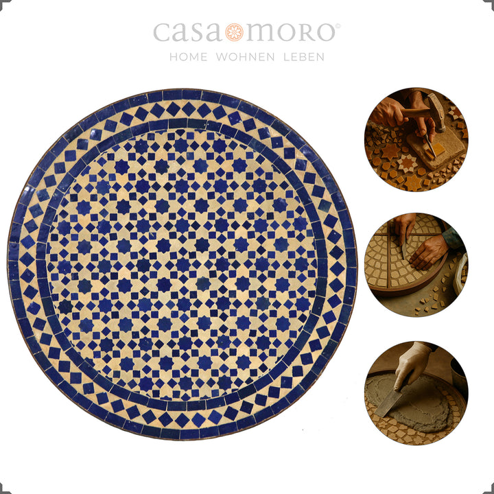 Orientaliskt balkongbord i blå terrakotta med elegant böjd metallstomme