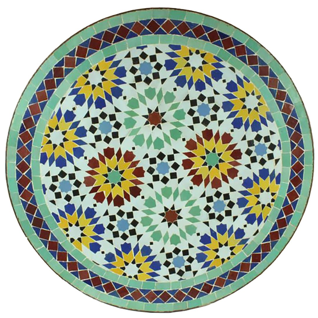 Bistrobord runt 60 cm med flerfärgad zellige mosaik i gult, vinrött, turkos och blått - handgjorda från Marocko