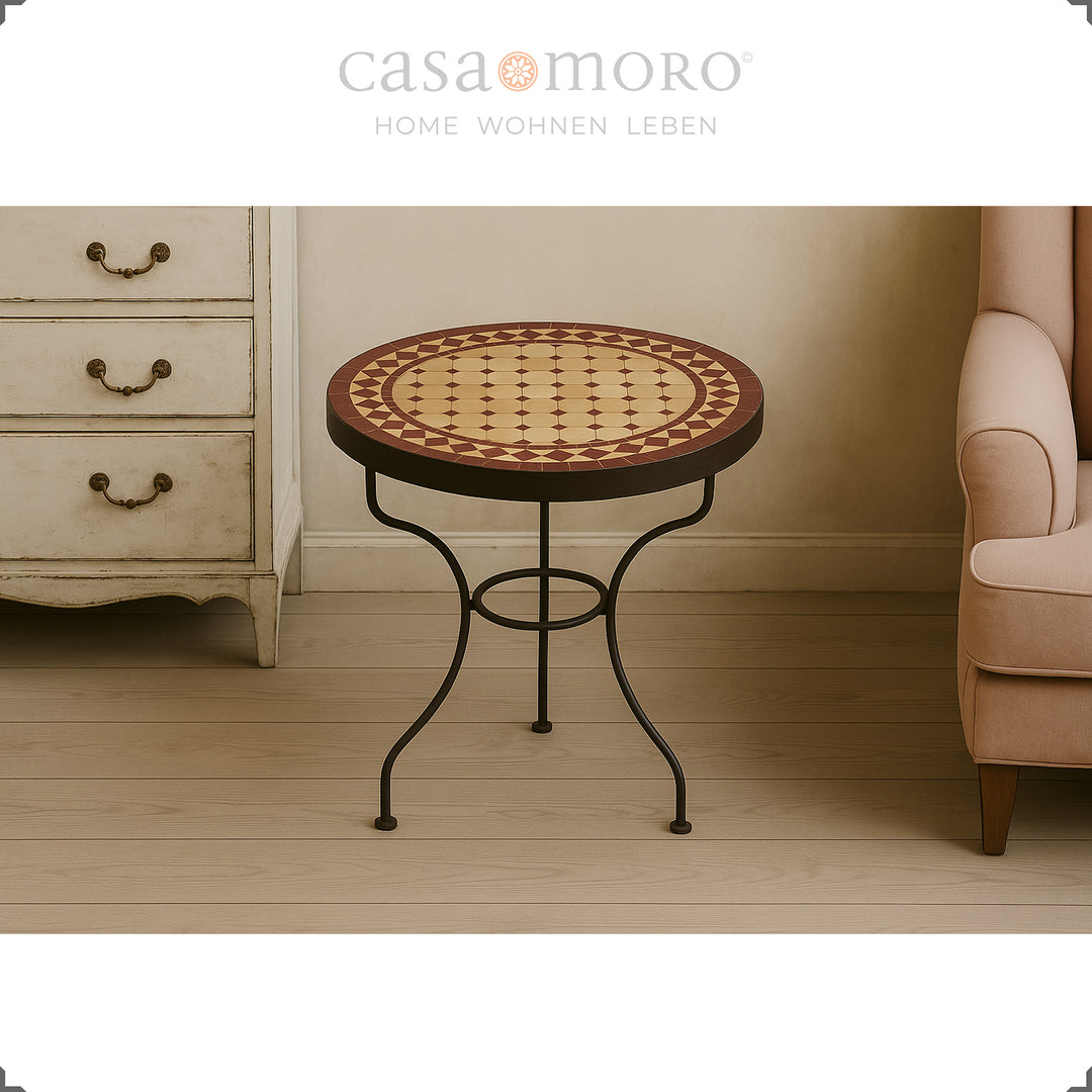 Förvaringsbord med Bordeaux terrakotta mosaik, 45 cm diameter, bordshöjd 50 cm