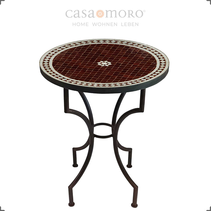 Trädgårdsbord Ø 60 cm med Zellige mosaik i Bordeaux, bistrobord med metallstomme