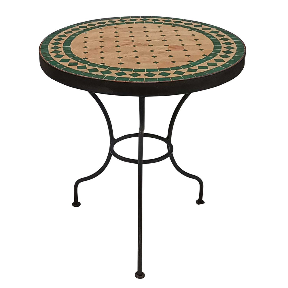 Kompakt mosaikbord med grön terrakottayta, runt format, handgjort i Marocko