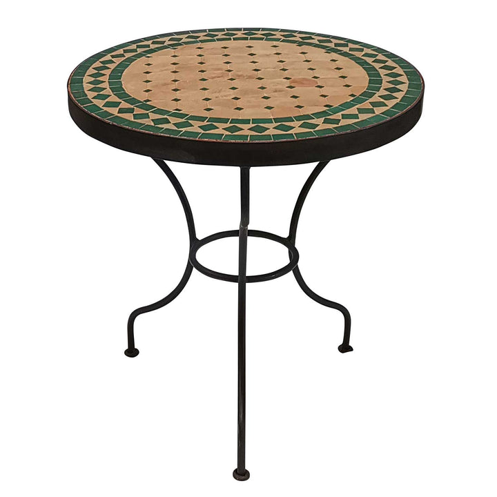 Kompakt mosaikbord med grön terrakottayta, runt format, handgjort i Marocko