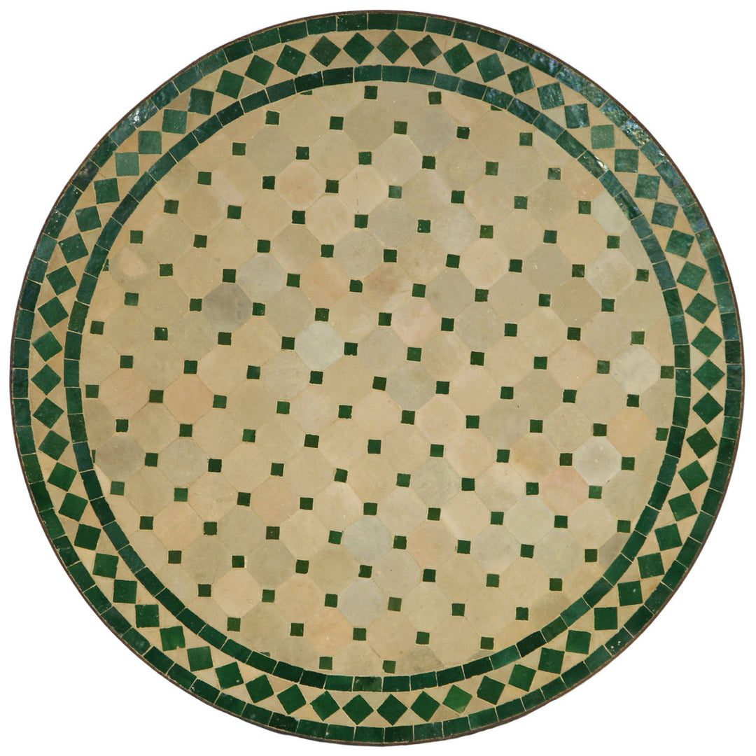Mosaikbord runt 80 cm med handlagt zellige kakel i grönt och terrakotta