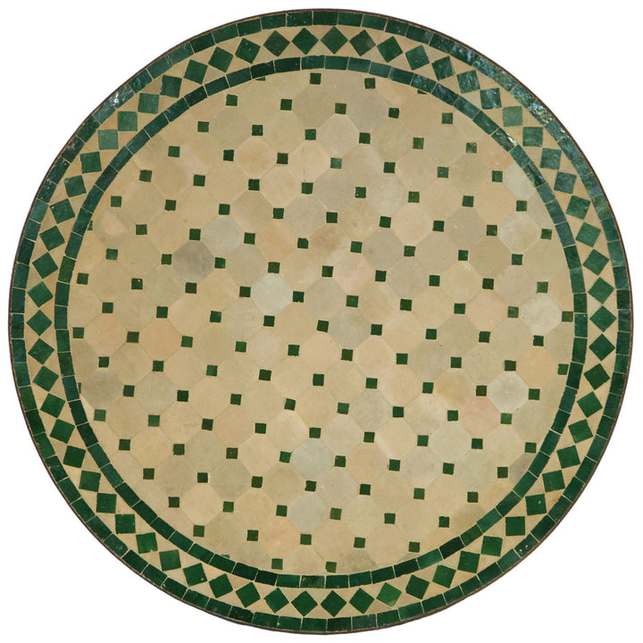 Mosaikbord runt 80 cm med handlagt zellige kakel i grönt och terrakotta