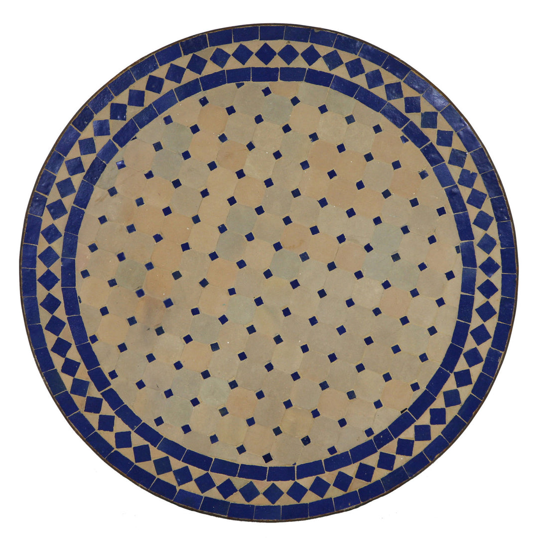 Mosaikbord runt 60 cm med zellige mosaik i blå terrakotta, kompakt för terrass eller balkong
