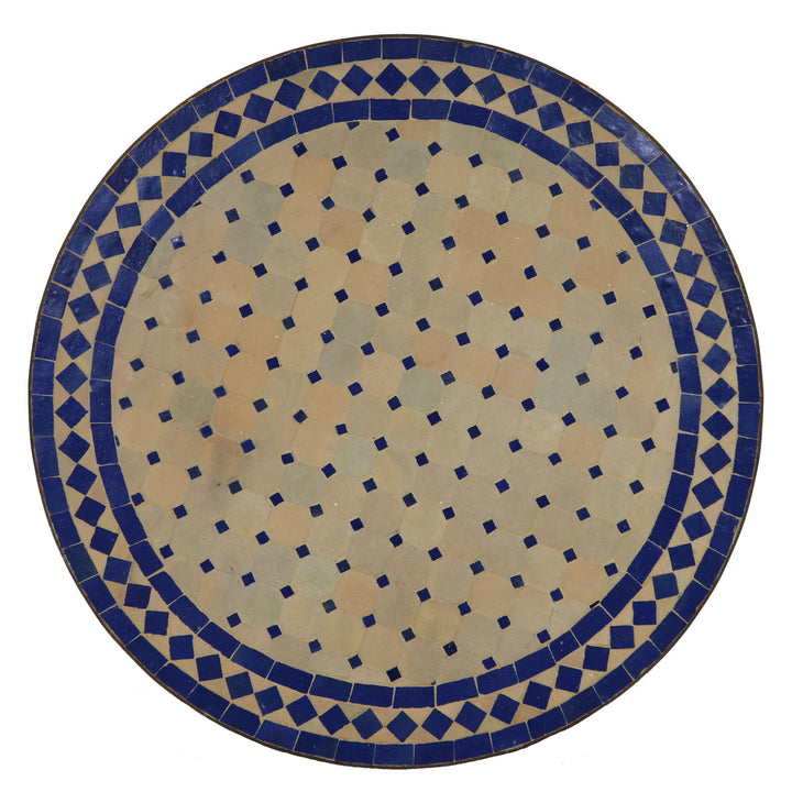 Mosaikbord runt 60 cm med zellige mosaik i blå terrakotta, kompakt för terrass eller balkong