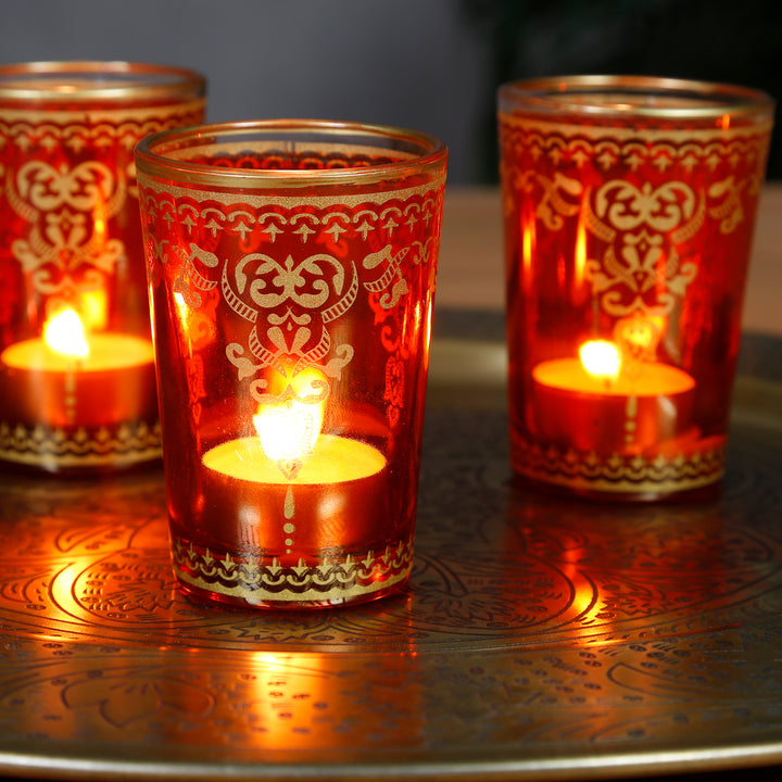 Värmeljushållare i glas orange guld set om 6