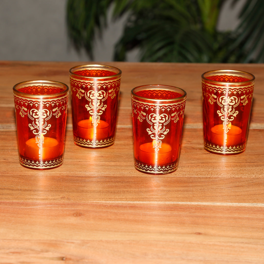 Värmeljushållare i glas orange guld set om 6