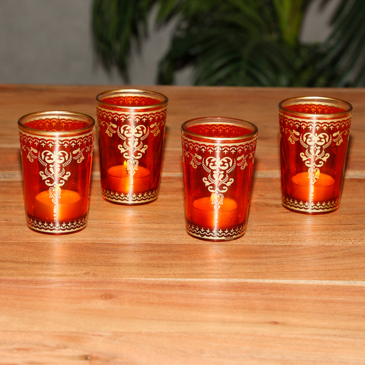 Värmeljushållare i glas orange guld set om 6
