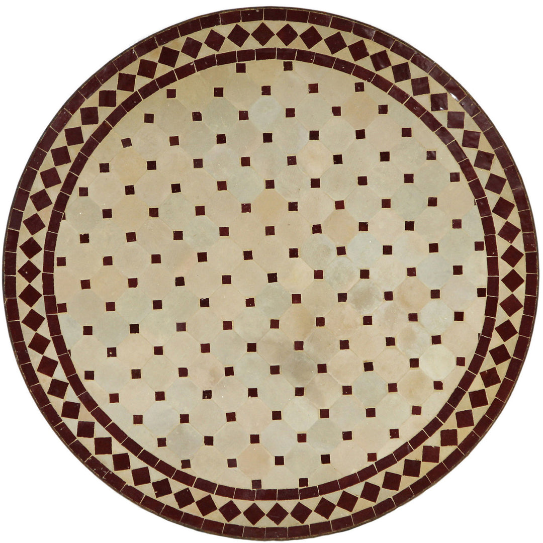 Uteplatsbord runt 100 cm med mosaikskiva av Zellige kakel i Bordeaux och terrakotta