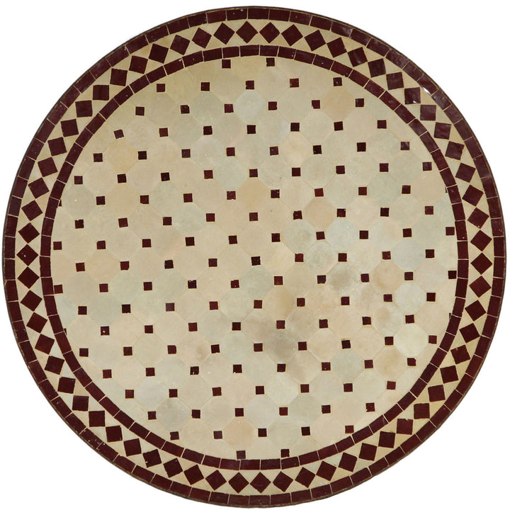 Uteplatsbord runt 100 cm med mosaikskiva av Zellige kakel i Bordeaux och terrakotta