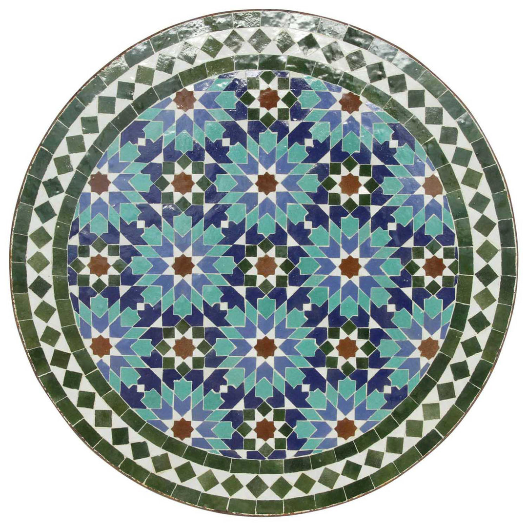 Soffbord runt 60 cm med grön-blå zellige mosaik - handgjort mosaikbord från Marocko