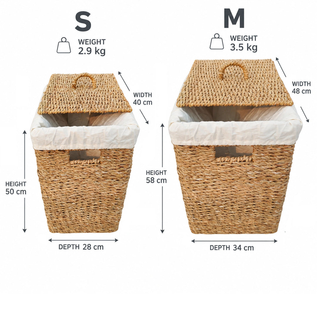 Förvaringskorgar med lock: S, 50 liter, 40×28×50 cm, 2,9 kg; M, 90 liter, 48×34×58 cm, 3,5 kg (B×D×H).