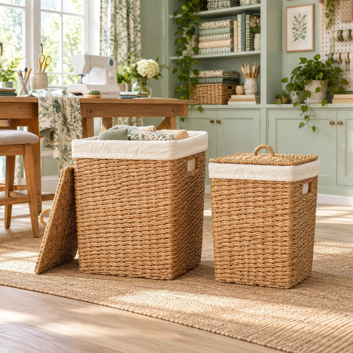 Två förvaringskorgar med lock av sjögräs, med en volym på 50 respektive 90 liter, i syrummet, samt en stor korg med tyger.