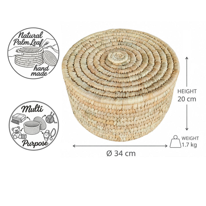 Förvaringskorg med lock av palmblad, storlek L: Ø 34 cm, 20 cm hög, 15 liter volym och 1,7 kg vikt.