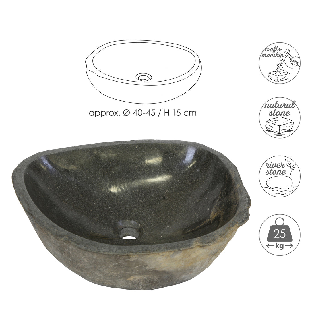 River stone bänkhandfat med dimensionsgrafik, oval River Stone handfat tillverkat av natursten med en handgjord form