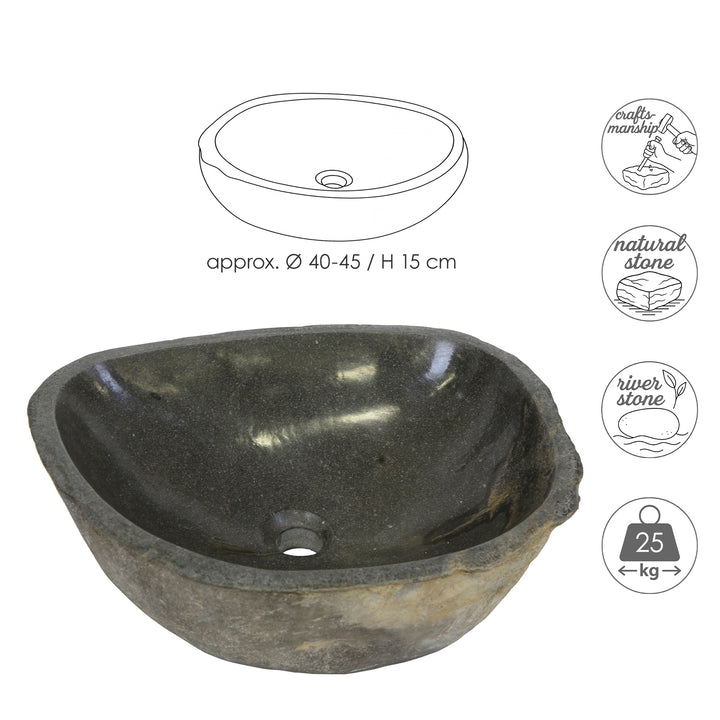River stone bänkhandfat med dimensionsgrafik, oval River Stone handfat tillverkat av natursten med en handgjord form