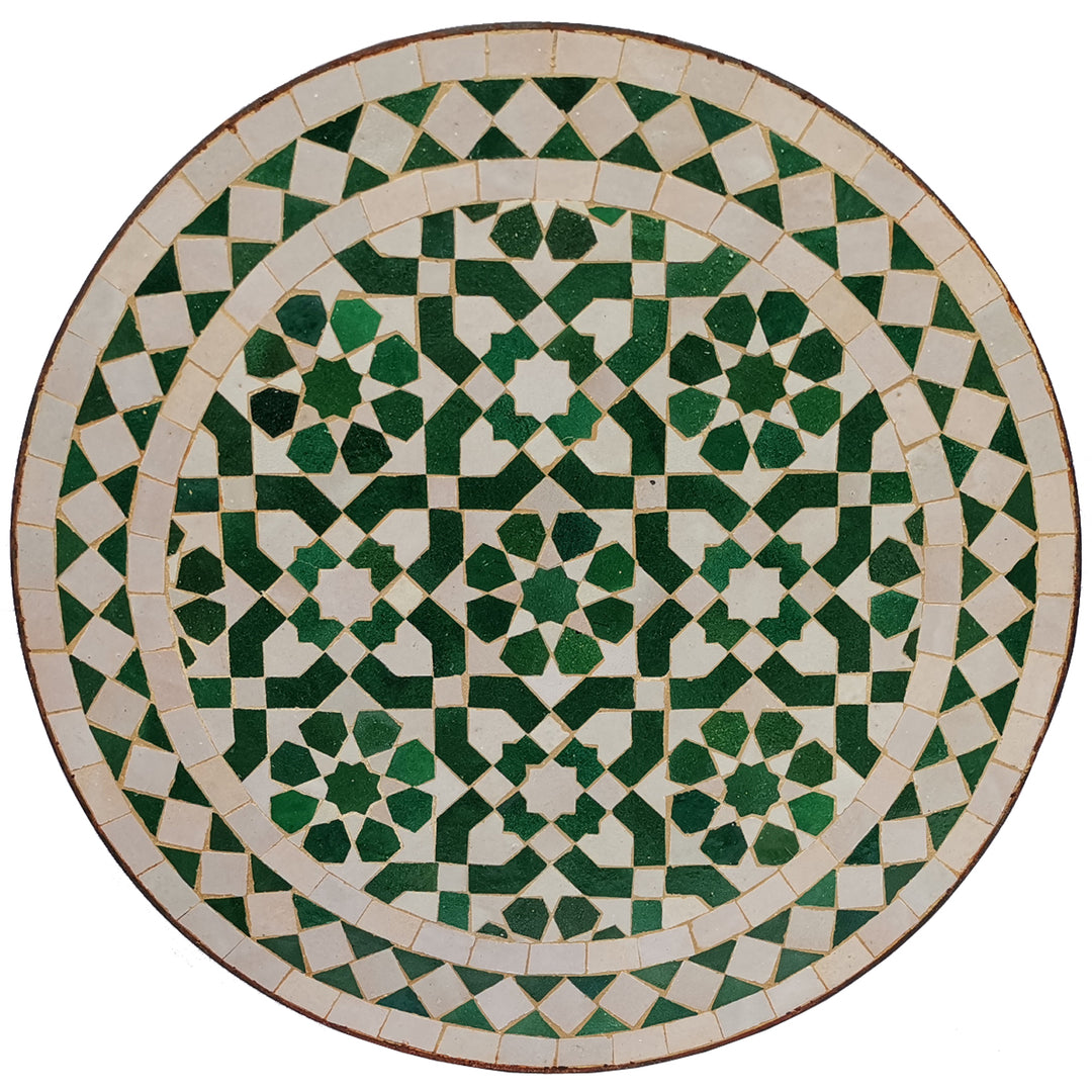 Balkongbord litet runt 45 cm med grön och vit zellige mosaik och orientaliskt mönster
