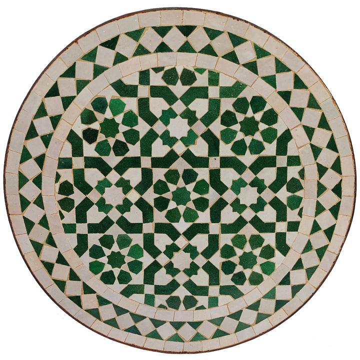 Balkongbord litet runt 45 cm med grön och vit zellige mosaik och orientaliskt mönster