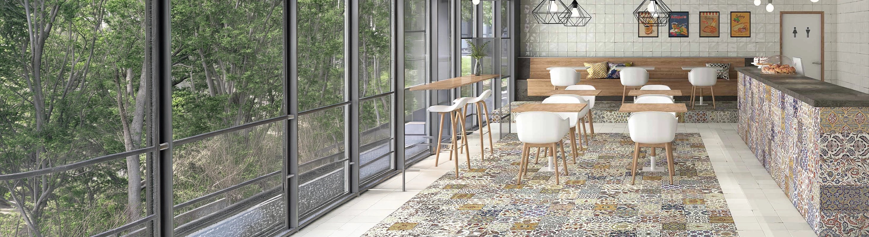 golvplattor – Golvplattor i caféet med orientaliskt mönsterplattor - medelhavsdesign för restauranger och vardagsrum