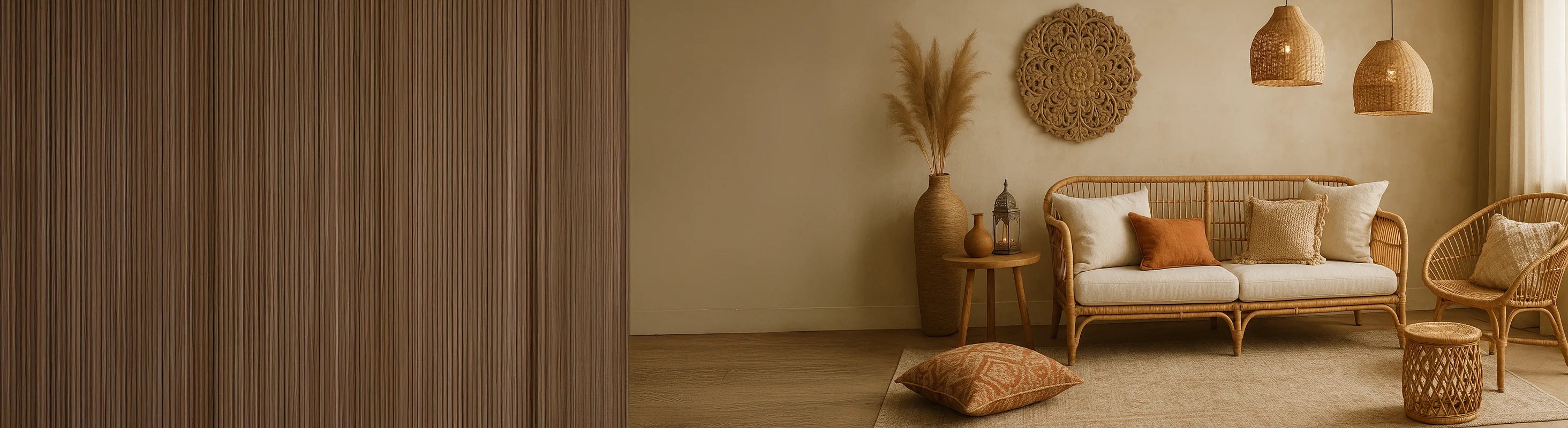 Boho stil – Boho stil chic vardagsrum med rottingmöbler, naturliga toner, vävda kuddar, vävda lampor och marockanska dekorativa accenter