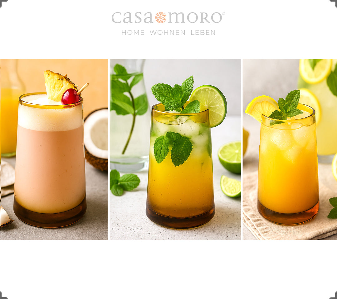 Honungsfärgade glas som används som cocktailglas - perfekta för sommardrinkar och garnera med lime