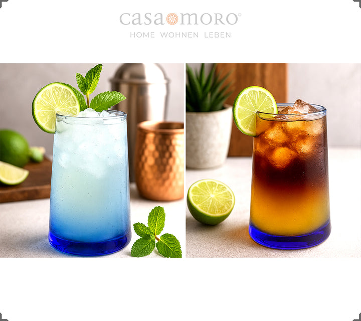 Set med 4 blå longdrinkglas - lämpliga för iskaffe, aperitifer eller cocktails