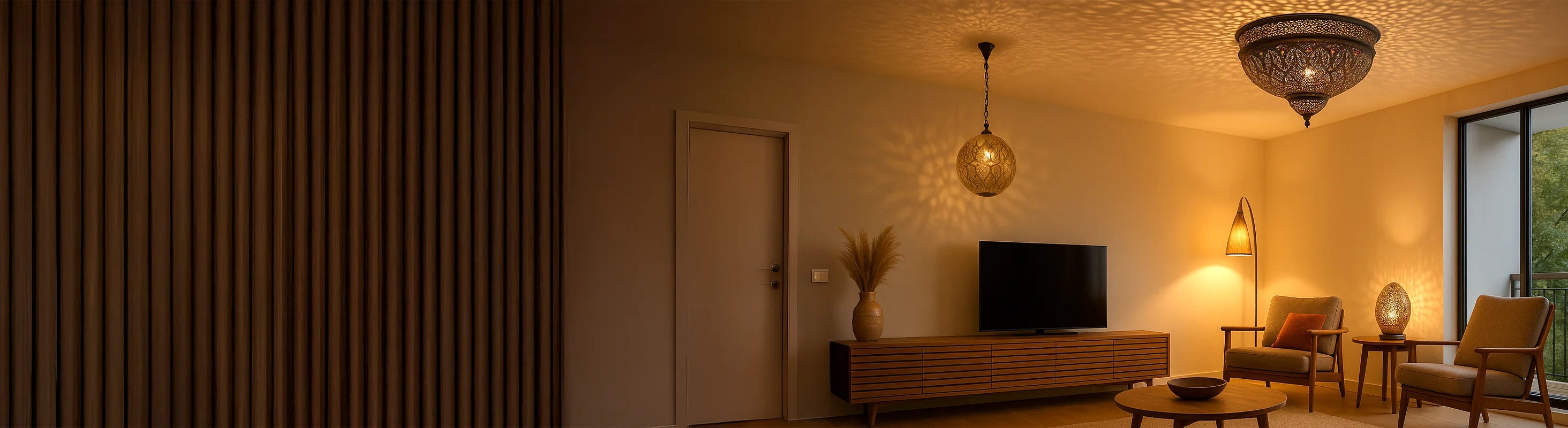Taklampor – Vardagsrum med handgjorda taklampor, golvlampa och bordslampa - atmosfärisk belysning i en varm atmosfär