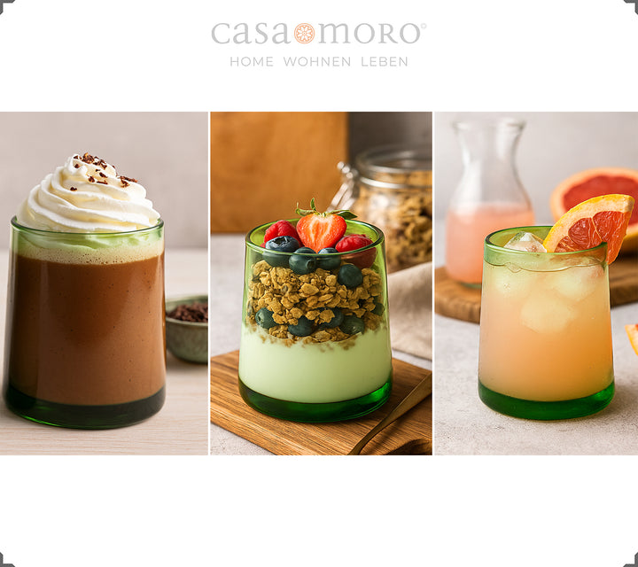 Grönt glas fyllt med dessert - perfekt för lagerkrämer och mousse