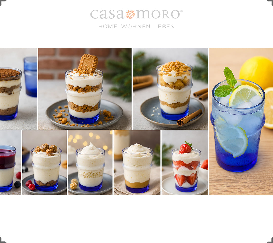 Set med glas i blått serveras med olika desserter - perfekta som dessertglas för krämiga kreationer