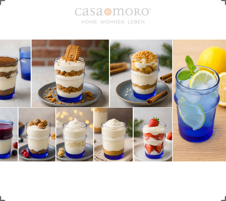 Set med glas i blått serveras med olika desserter - perfekta som dessertglas för krämiga kreationer