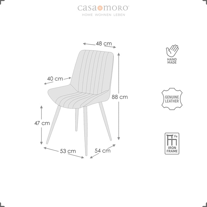 Måttskiss för läderstolen: höjd 88 cm, bredd 54 cm, djup 53 cm, sitthöjd 47 cm, sits 46×48 cm