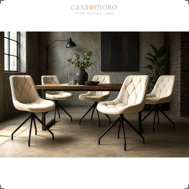 Set med 6 stoppade stolar som kan roteras 360° i beige med en svart metallram - modern matplats med träbord och industriell loft charm