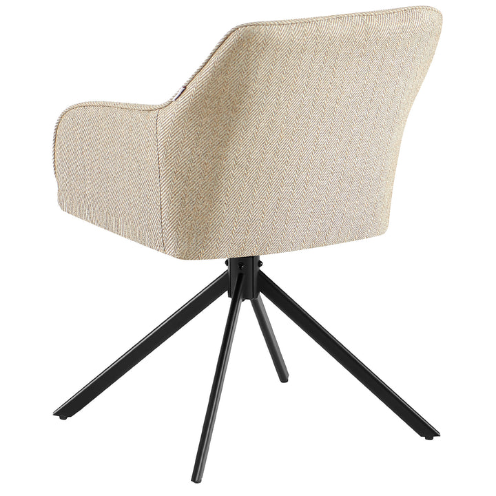 Bakifrån av en 360° roterande stoppad stol med armstöd i beige, vadderat ryggstöd med fiskbensstruktur och svart metallram