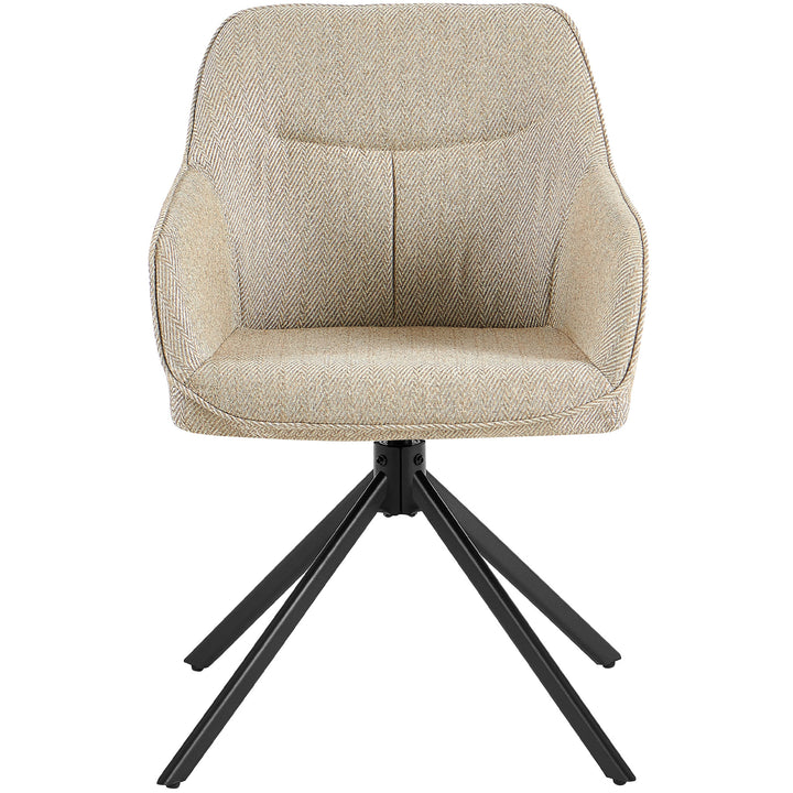 Framifrån av en 360° roterande stoppad stol med armstöd i beige, stoppat sittskal med fiskbensmönster och svart metallram