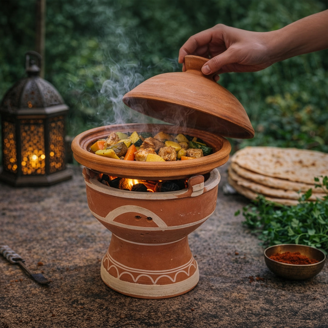Tagine på mejmar lervärmare för kol, marockansk bordsgrill med öppen glöd för tagine