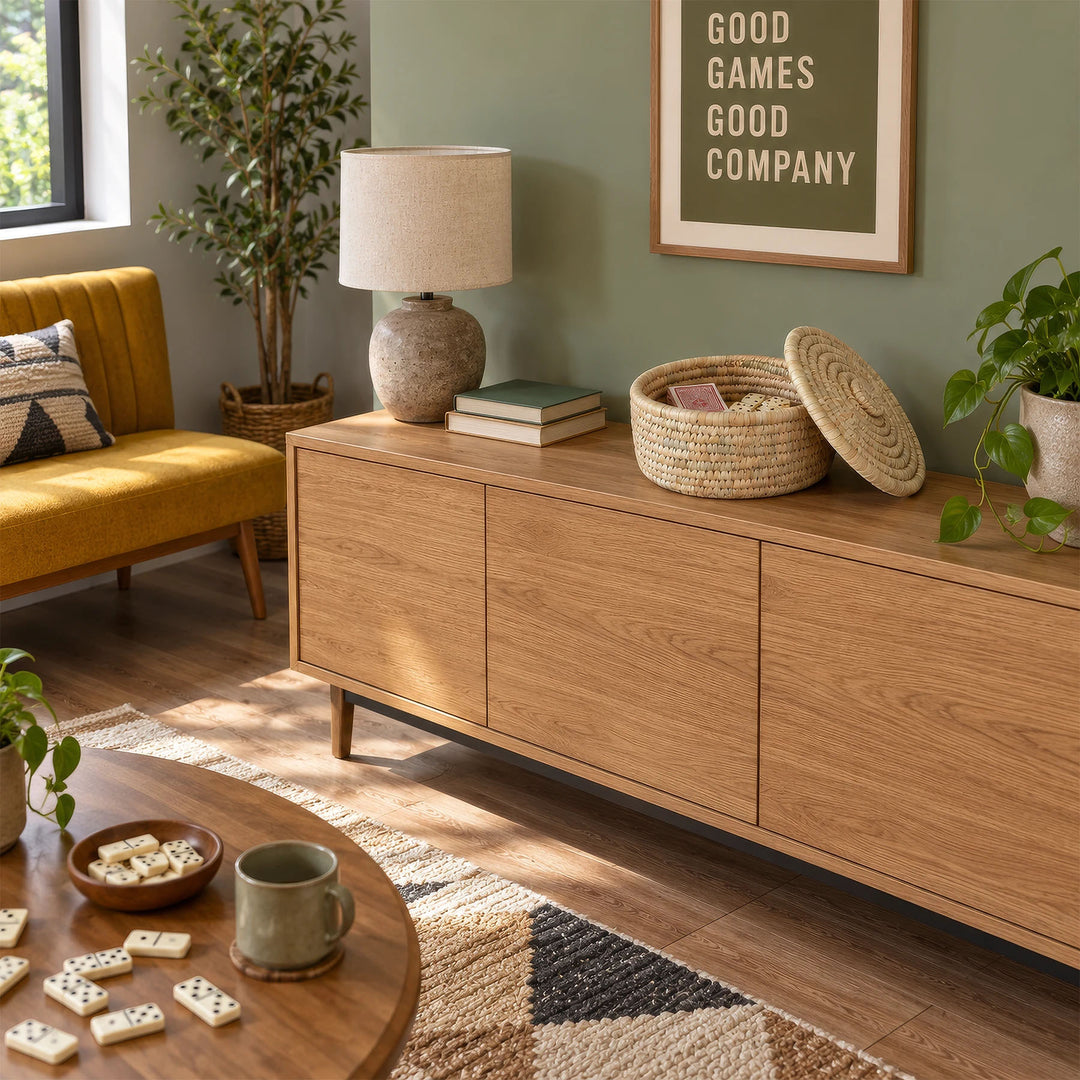 En flätad korg av palmblad, Ø 28 cm, med spelkort, dominobrickor och ett lätt påsatt lock på ett sideboard.