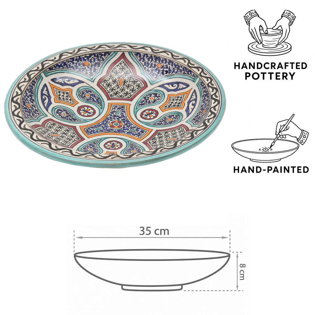 Handmålad och handdrejad marockansk keramikskål från Fès med färgglada blommiga och geometriska mönster, Ø 35 cm och 8 cm hög