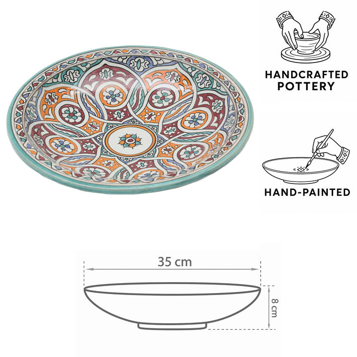 Handmålad marockansk keramikskål med cirkelmönster i turkos, orange och bordeauxrött, Ø 35 cm och 8 cm hög