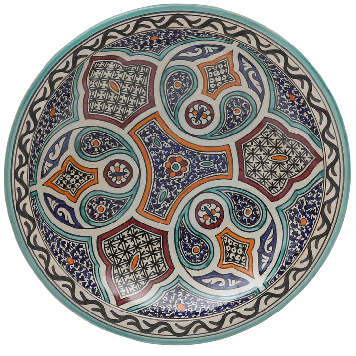 Marockansk keramikskål från Fès – turkos-orange – Ø 35 cm