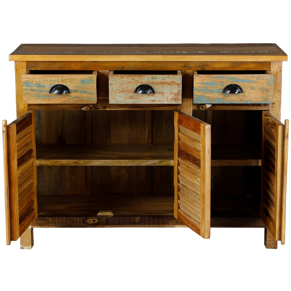 Highboard till vardagsrummet av gammalt trä med lådor av massivt trä i vintagestil