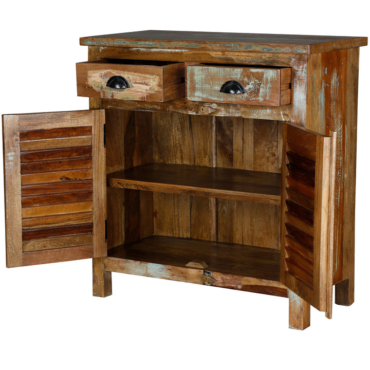 Highboard i massivt trä med öppna dörrar och lådor och synlig interiör,