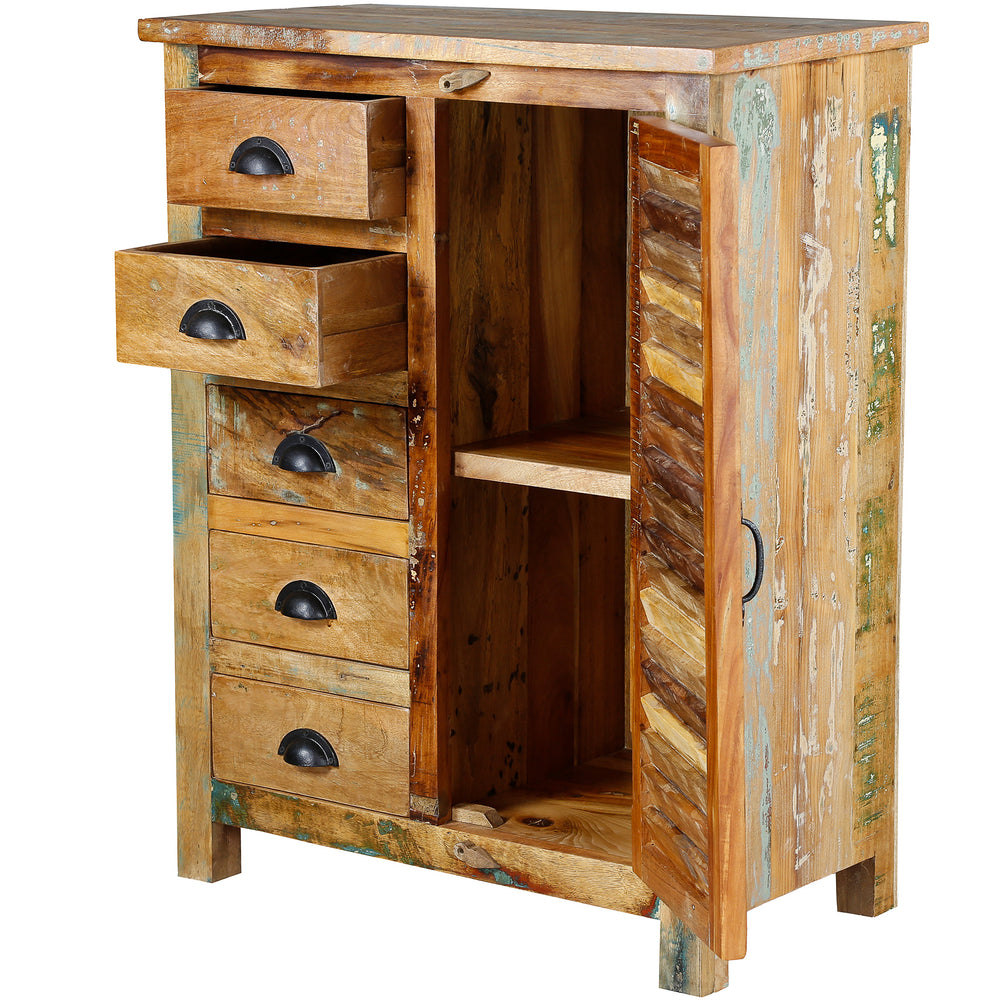 Highboard av massivt trä med öppnade lådor och dörr, synlig insida, isolerad
