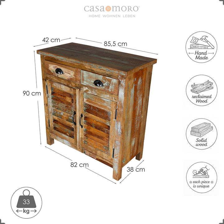 Måttskiss av en highboard av massivt trä, höjd 90 cm, bredd 82 cm, djup 38 cm, isolerad