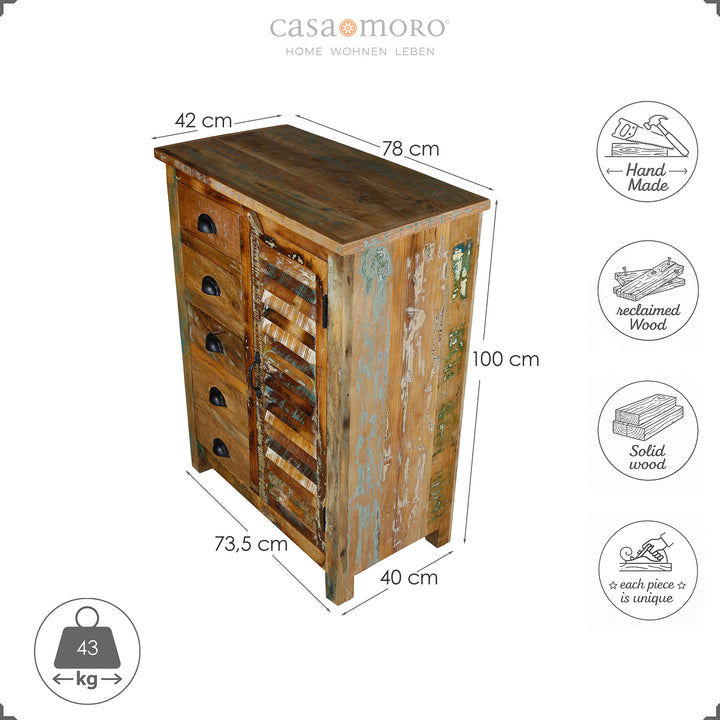 Måttskiss av en highboard av massivt trä, höjd 100 cm, bredd 73,5 cm, djup 40 cm, isolerad