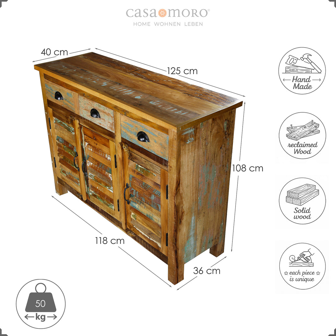 Highboard av massivt trä och återvunnet trä, 125 cm bred, 108 cm hög, vintage